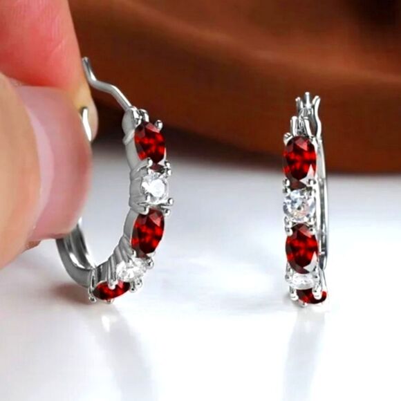 Red & White 2.20 Ct. Sapphire Hoop Earrings 14K White Gold on 925 Silver - Picture 1 of 3